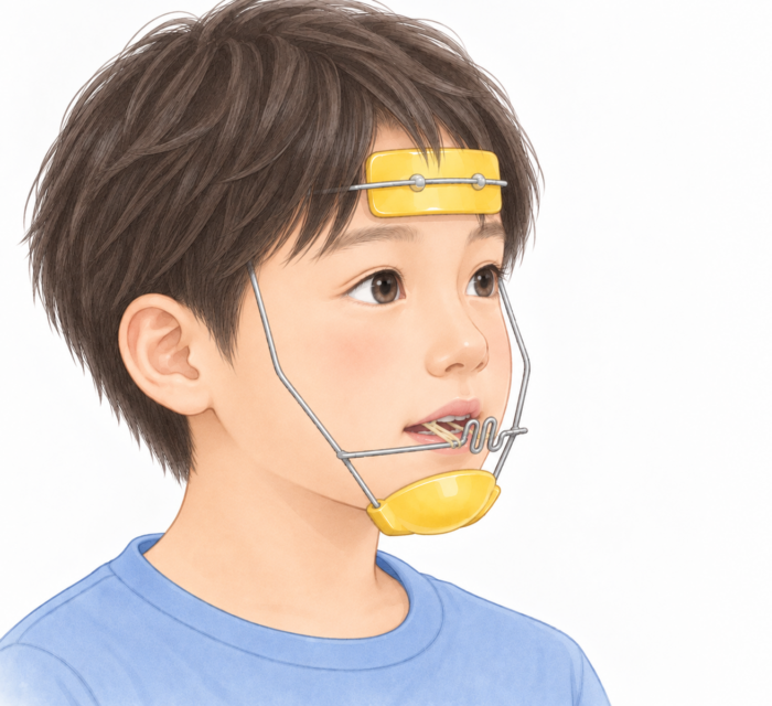 上顎前方牽引装置（フェイシャルマスク）を装着して受け口の第一期治療を行う小児