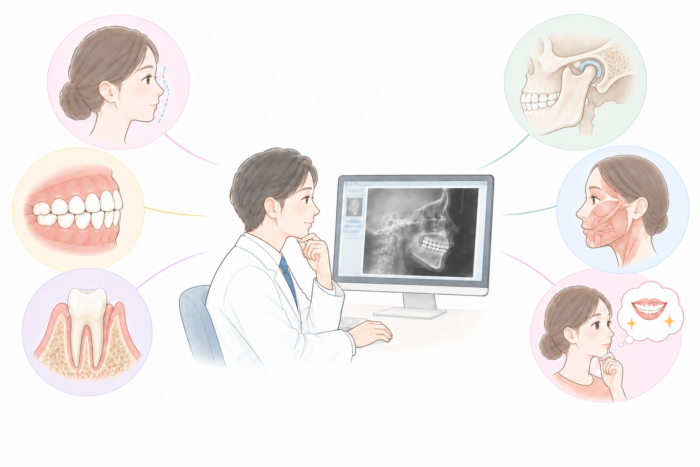 セファロ分析と口腔内・咬み合わせ・顔貌・顎関節・口腔周囲筋などの情報を組み合わせて矯正診断を行うイメージ