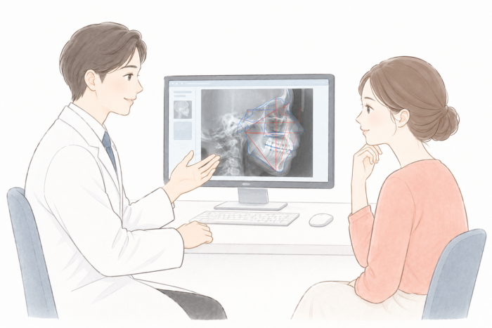 頭部X線規格写真（セファログラム）を撮影し、顎や歯の位置関係を調べるセファロ分析のイメージ