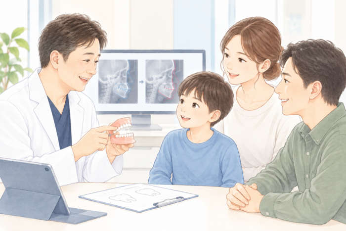 小児の受け口の第一期治療について、歯科医師が本人と両親に説明する様子